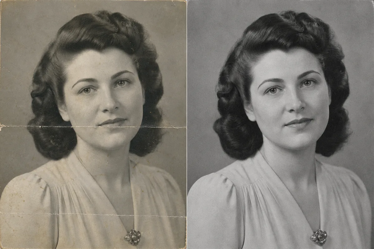 Old Photo Restoration example showing a vintage portrait before and after scratches and fold lines are repaired