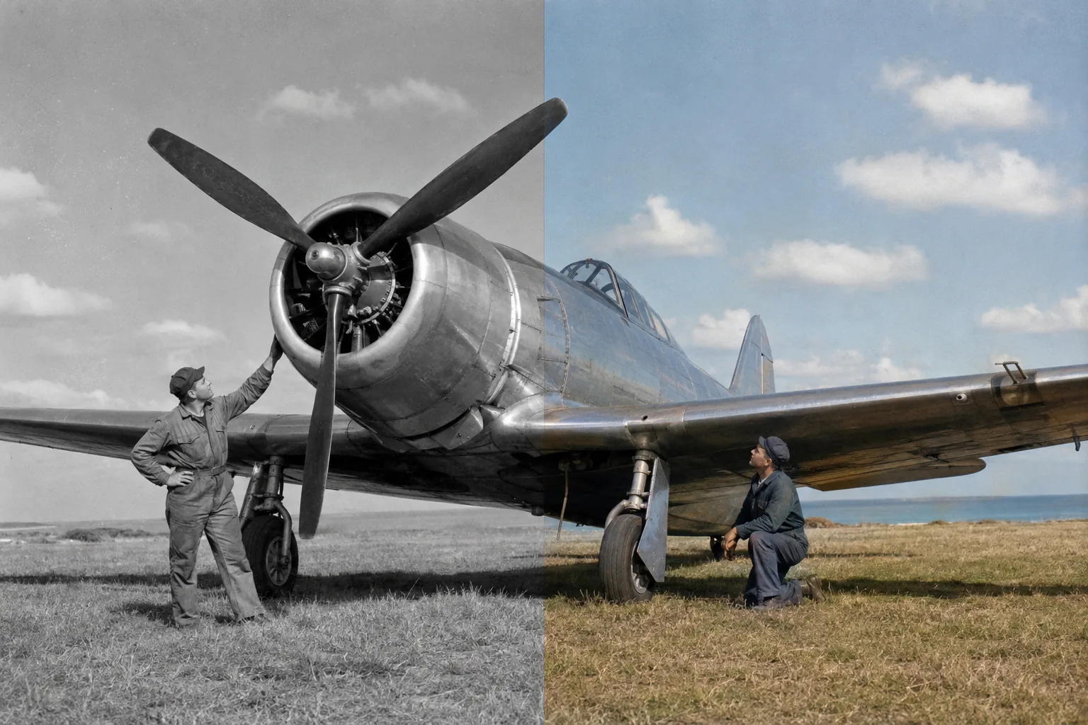 Photo Colorizer before and after example adding natural period-inspired color to a black-and-white propeller airplane photograph
