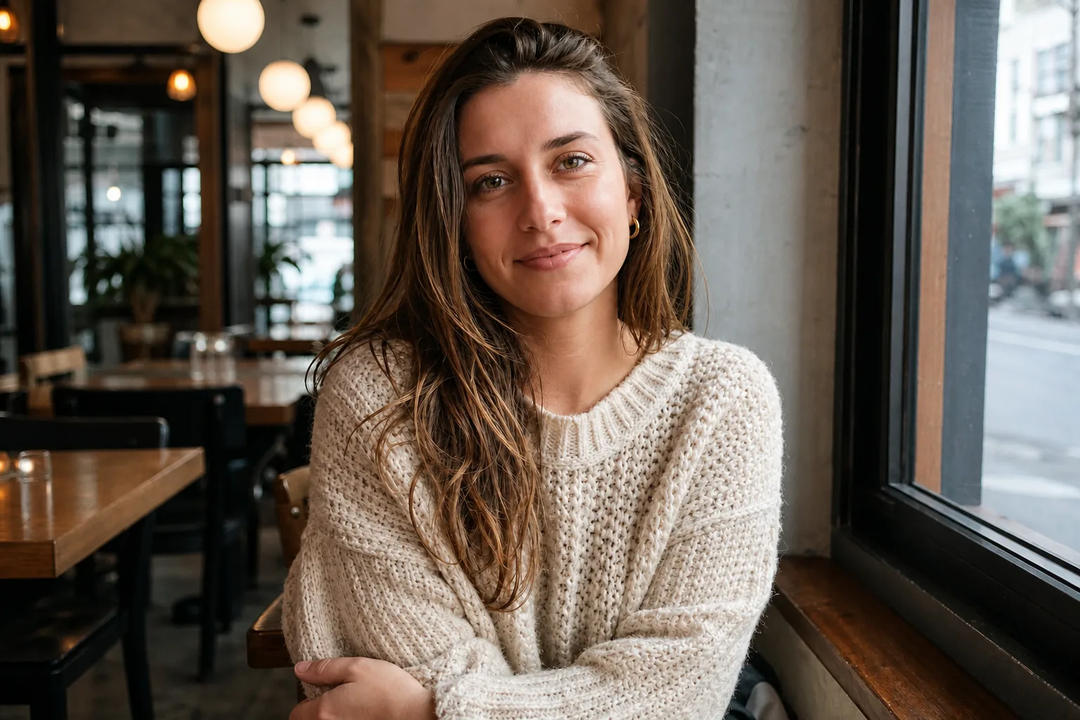 Cafe portrait after an AI photo filter remover neutralizes a strong yellow-green cast while preserving the subject and composition