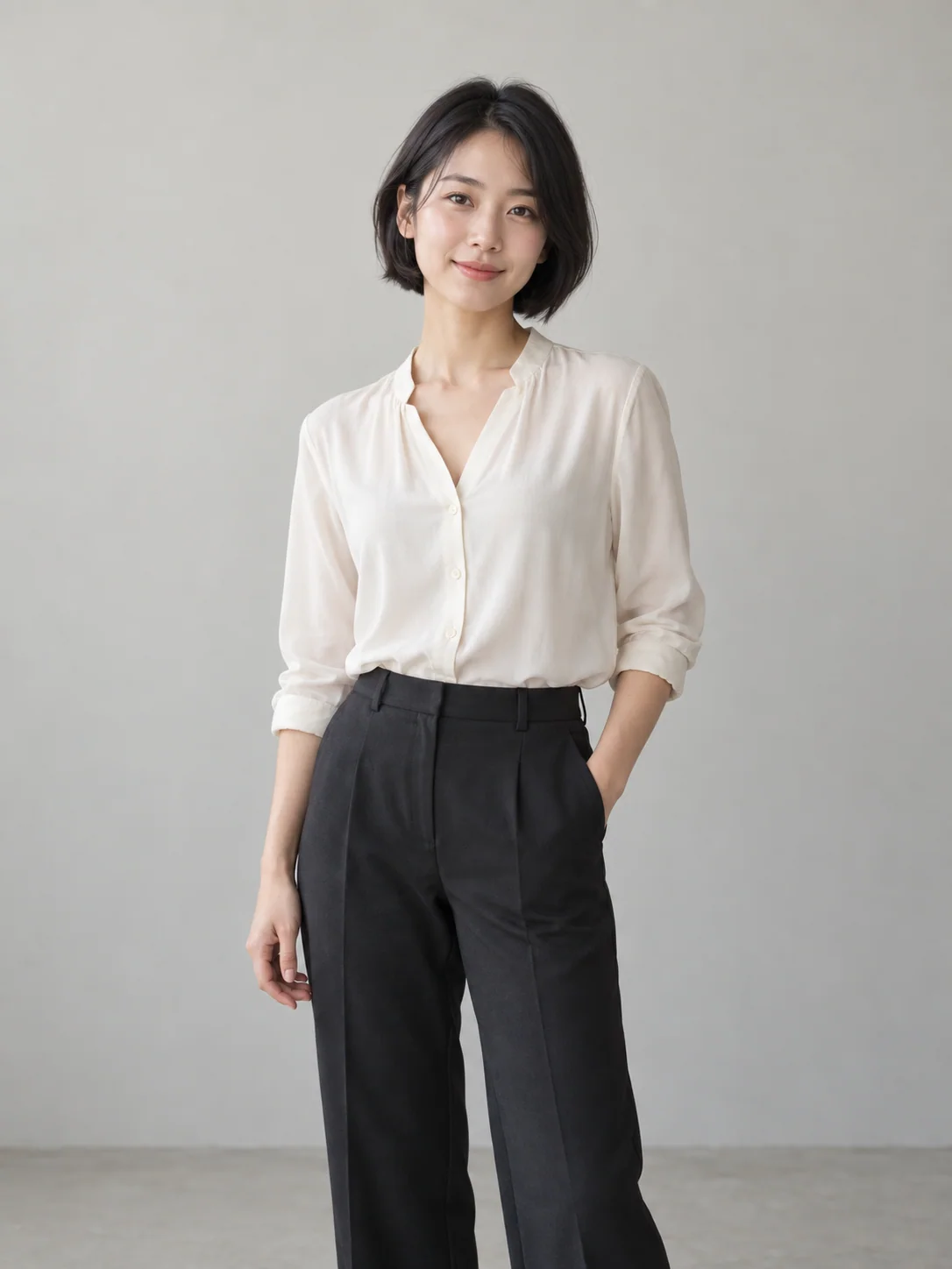 Woman in an ivory blouse against a neutral studio wall