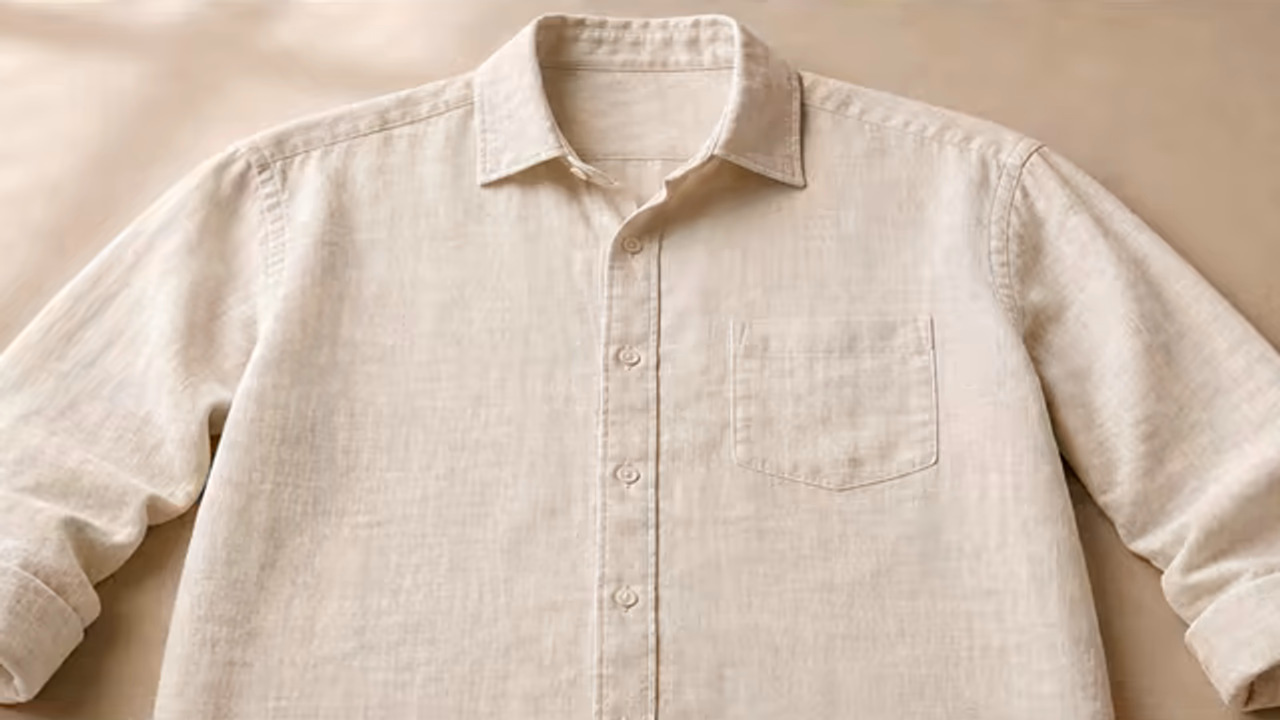 Cream linen shirt before and after distracting packing wrinkles are removed while texture remains visible