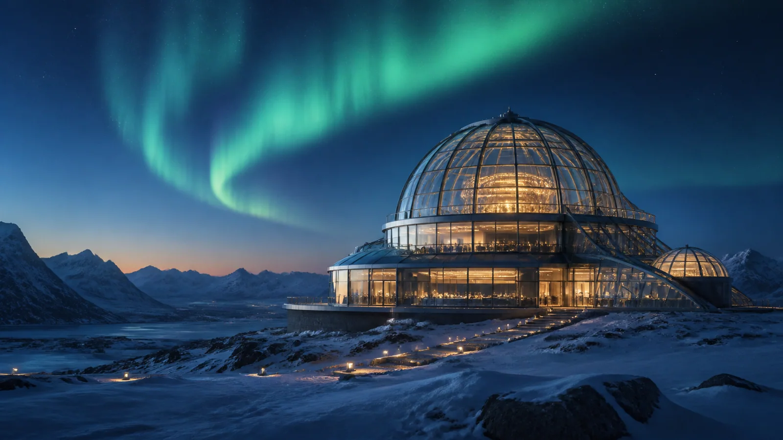Glass observatory glowing beneath an aurora on a snowy plateau