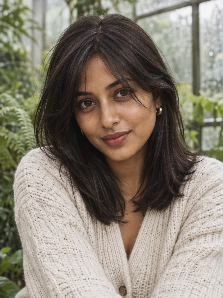 Original espresso brown layered hair in a leafy conservatory